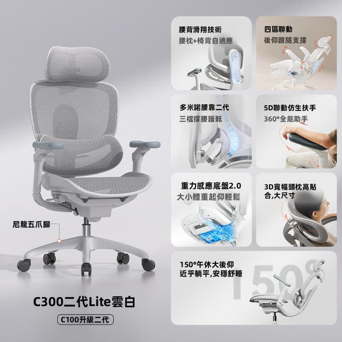 完整展示的 C300 Lite 人體工學椅